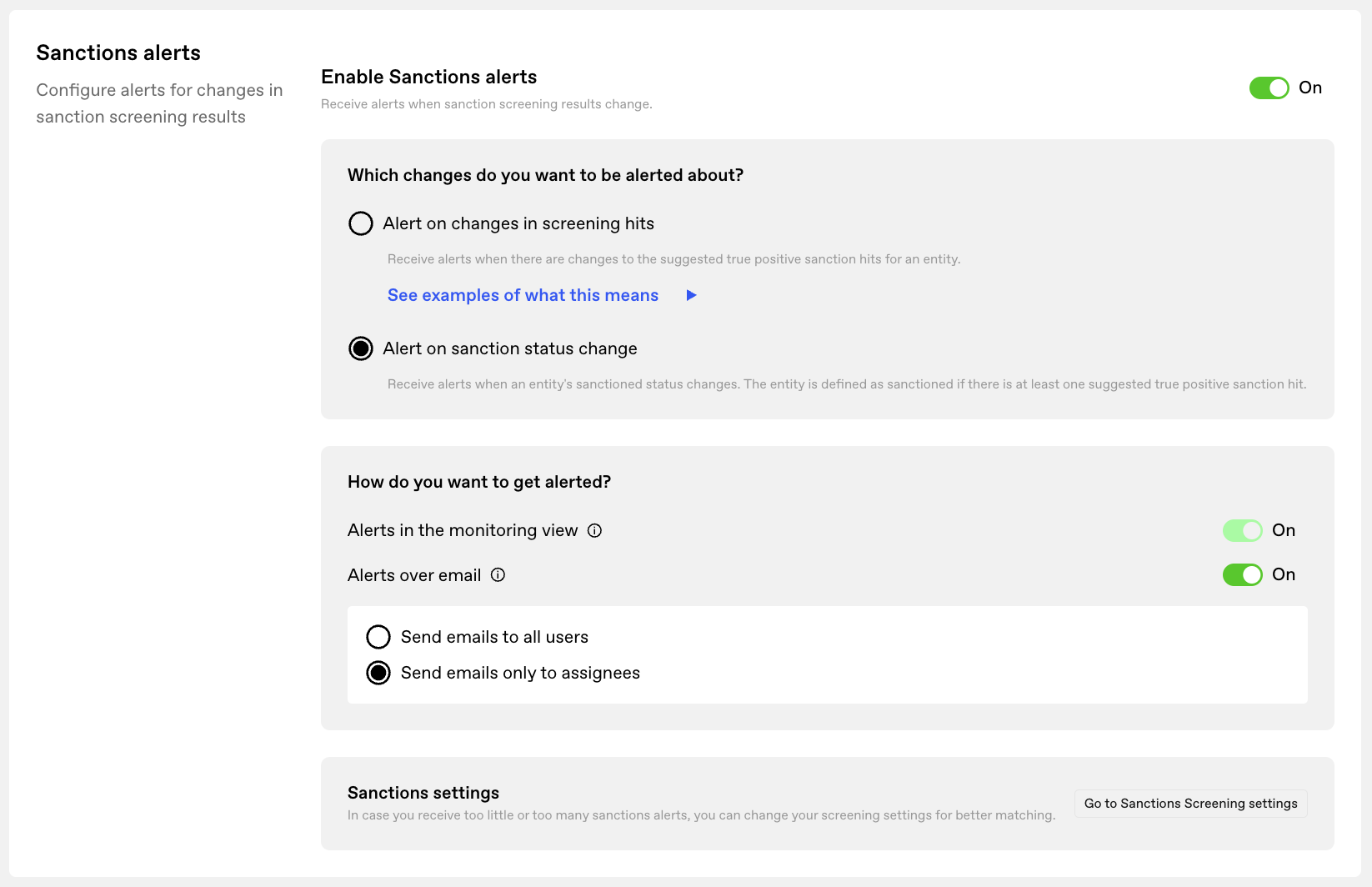 Sanctions alert settings