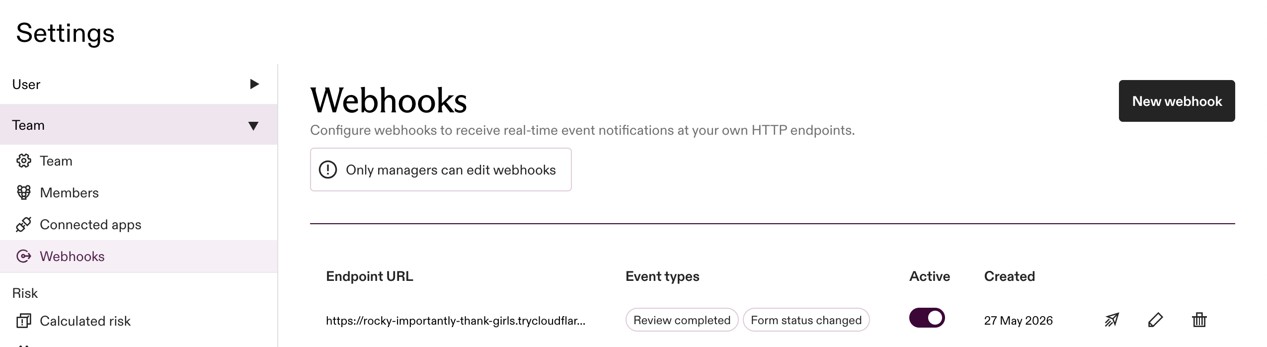 Webhooks page in team settings