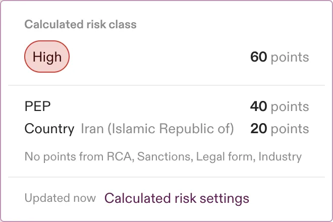 The new hover breakdown: the coloured risk badge and total points, scoring factors listed beneath, and a link to the calculated risk settings