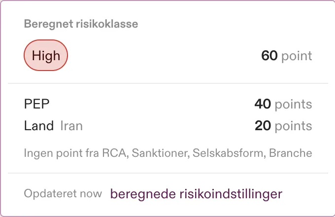 Den nye opdeling ved hover: det farvede risikobadge og samlede point, pointgivende faktorer angivet nedenfor, og et link til Calculated Risk-indstillingerne