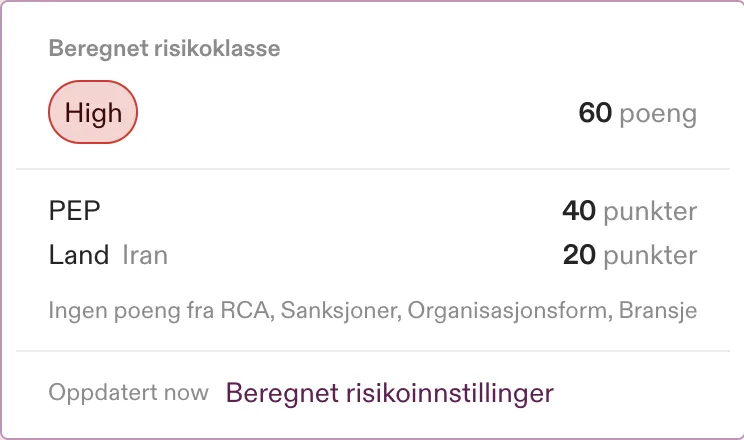 Den nye hover-fordelingen: det fargede risikomerket og totale poeng, poenggivende faktorer oppført under, og en lenke til innstillingene for beregnet risiko