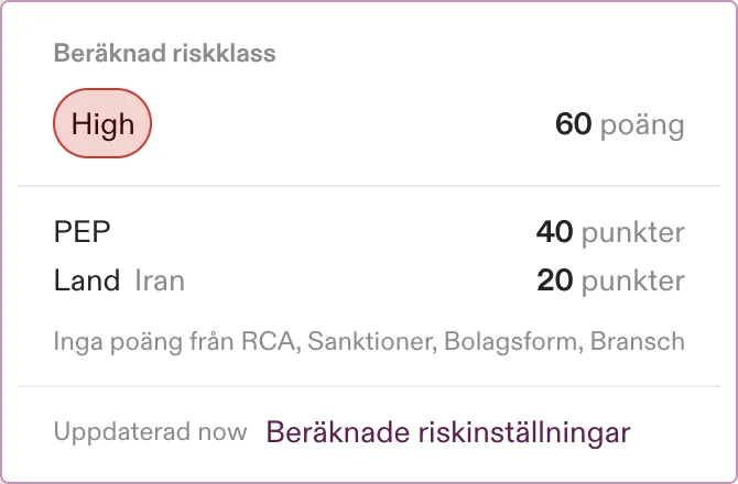 Den nya hovringsuppdelningen: det färgade riskmärket och totalpoäng, poänggivande faktorer listade därunder, samt en länk till Calculated Risk Settings