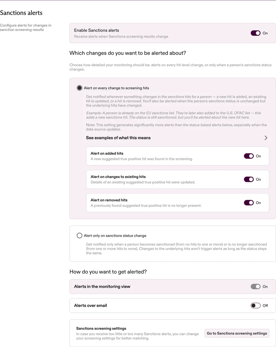 Sanctions alert settings