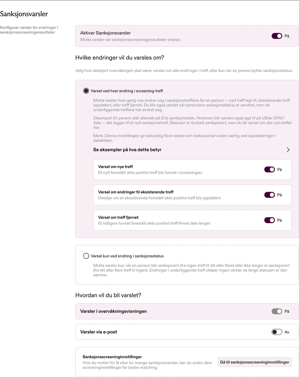 Innstillinger for sanksjonsvarsler